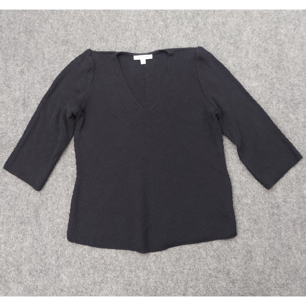 ST JOHN Sweater Top Womens Small Black 3/4 Sleeve V Neck Stretch Career Casual